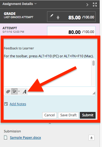 Screenshot of Feedback to Learner area of Assignment