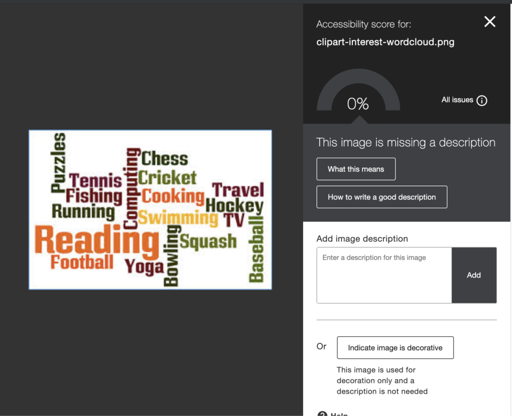 sample Ally accessibility score for an image needing a description